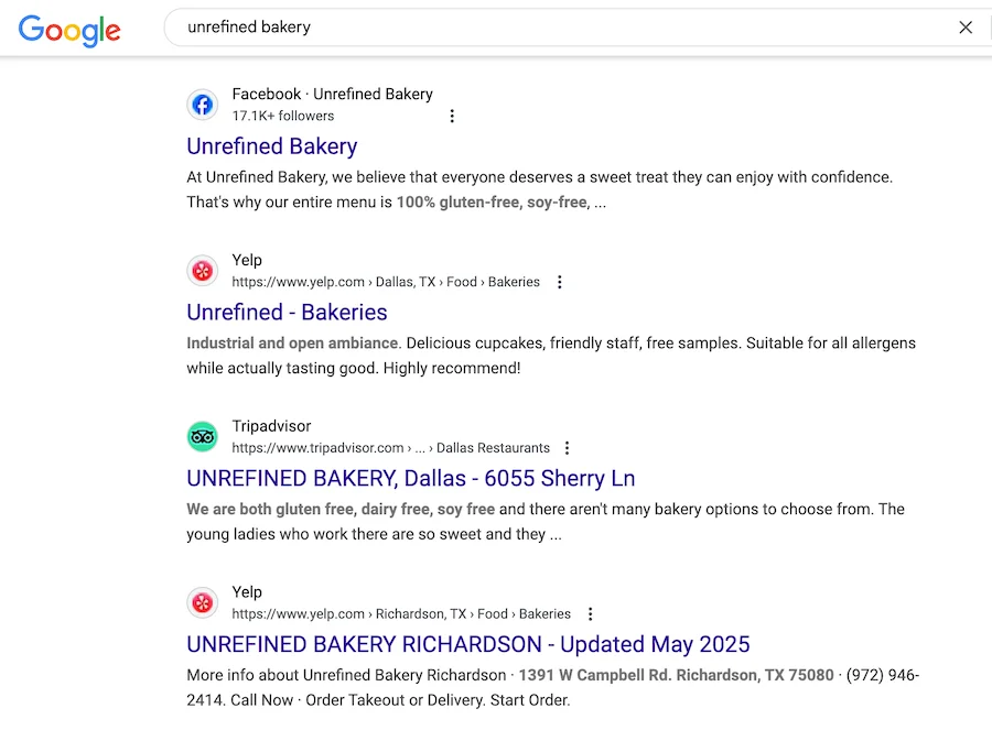 examples of local citations in google search for unrefined bakery