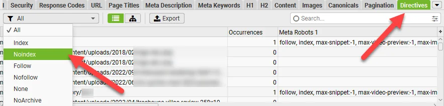 noindex directive found in screaming frog tool