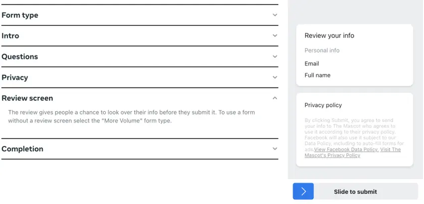 optimize facebook lead ads - user answer review options