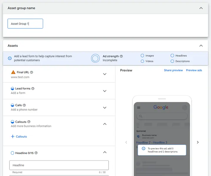 what is performance max - asset group screenshot
