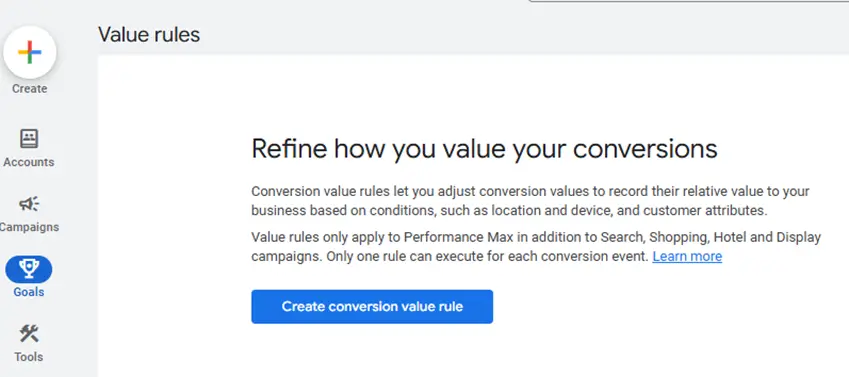 performance max - conversion value rules screenshot
