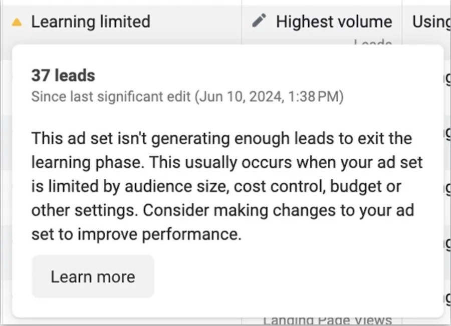 facebook learning phase example message