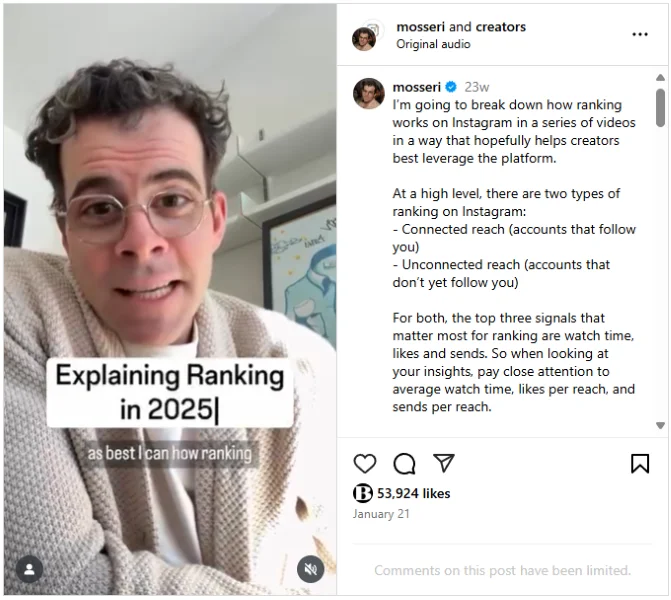 Instagram algorithm - Instagram post from head of Instagram.