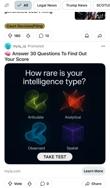 Reddit advertising cost - Ad for an intelligence test on Reddit.