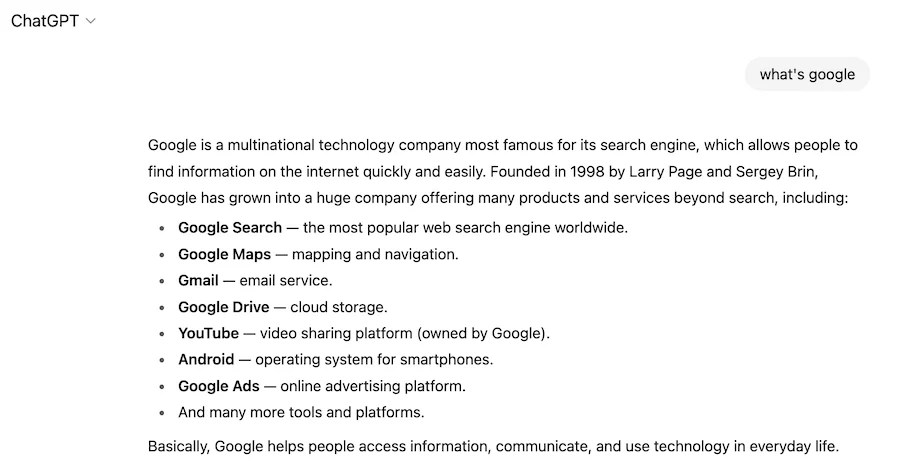 chatgpt result for search around what google is