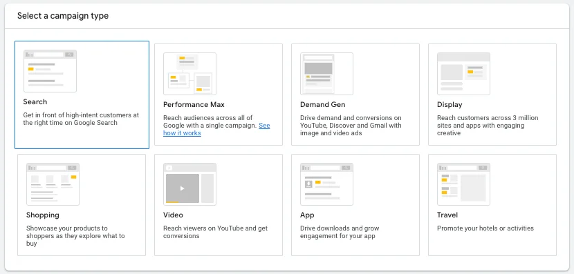 google ads campaign types with search selected