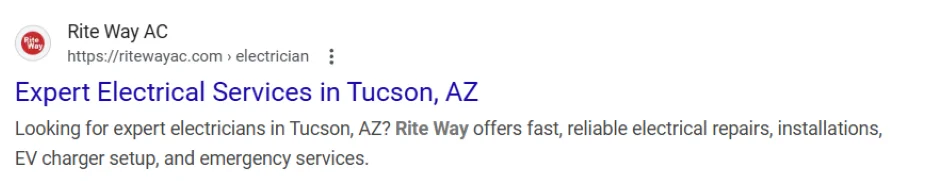 SEO copywriting - electrician search result.