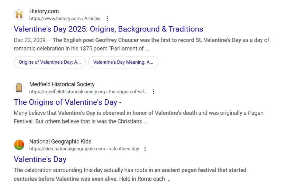 SEO copywriting - results page for Valentine's Day.