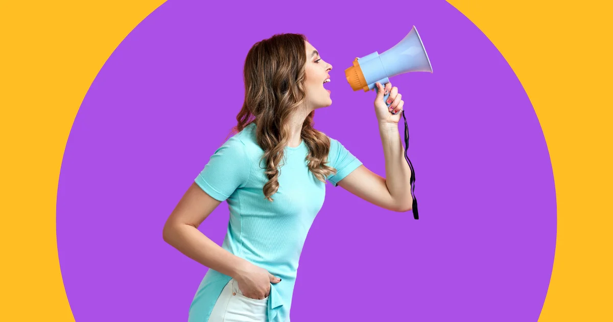 Woman with a megaphone on a purple and yellow backgrown.