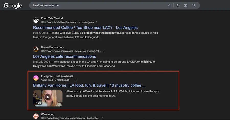 best coffee near me google search with instagram post result