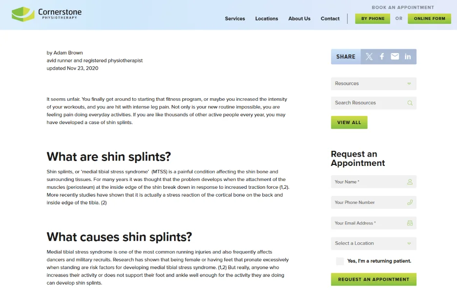 Content marketing - shin splints blog post.