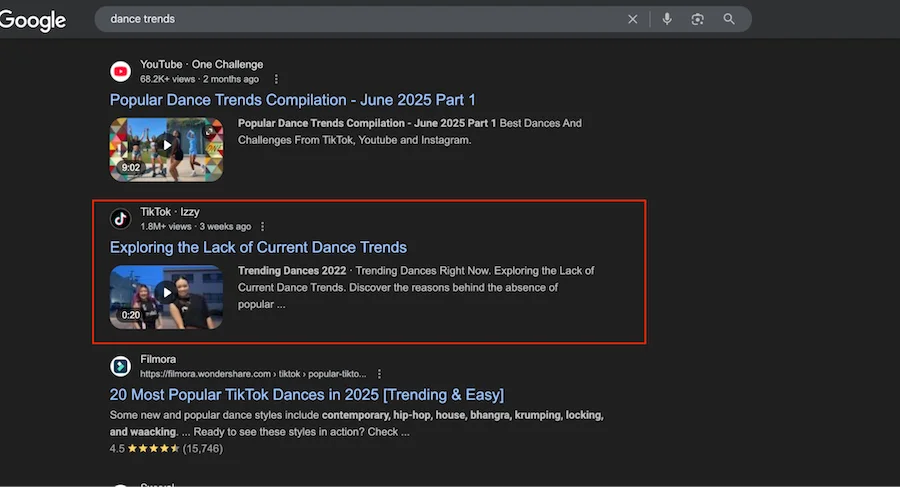 dance trends google search with tiktok result highlighted