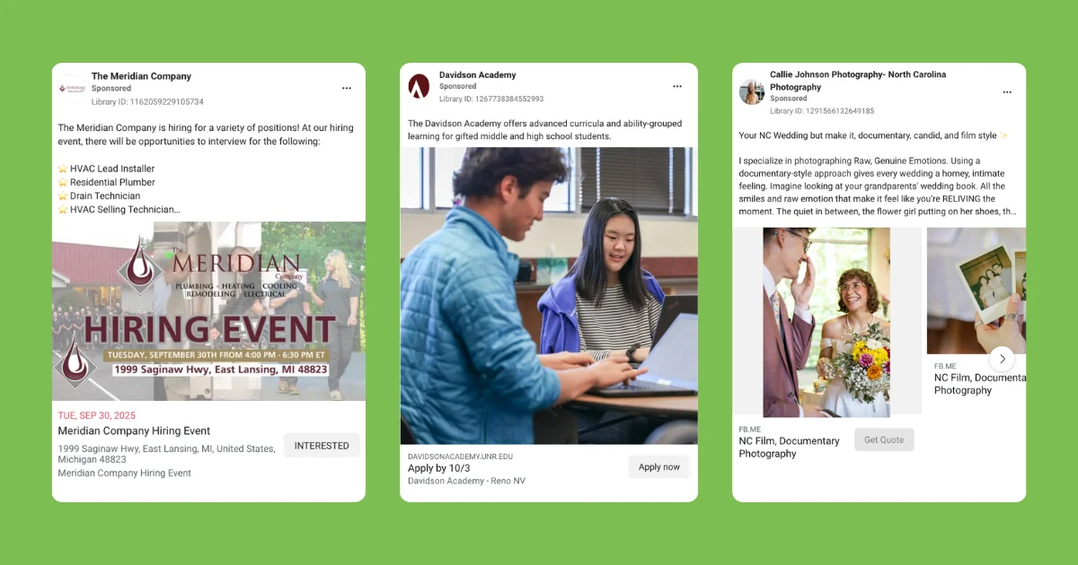 facebook ad examples on green background