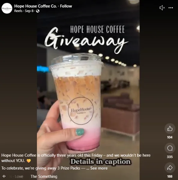 Facebook algorithm - Facebook post from Hope House Coffee.