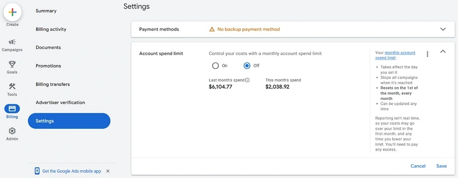 google ads budget - account monthly spend limit screenshot