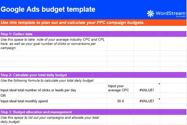 google ads budget - preview of budget planning template for google ads 