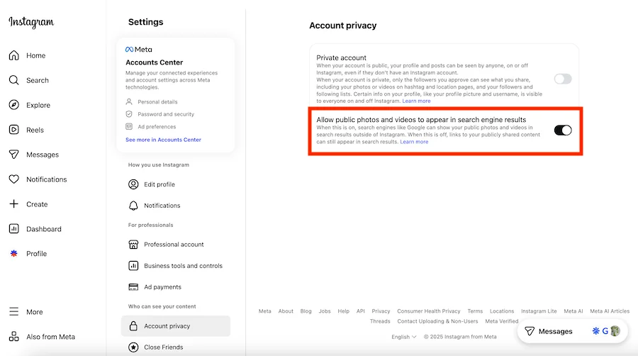 instagram indexing settings