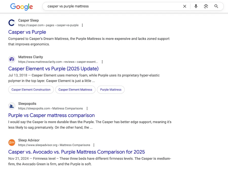 example of long tail high intent keyword targeting for mattress brands comparison