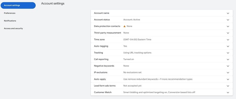 google ads account structure - account level settings