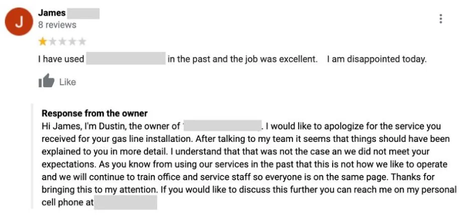 Reputation management - reply to a negative review.