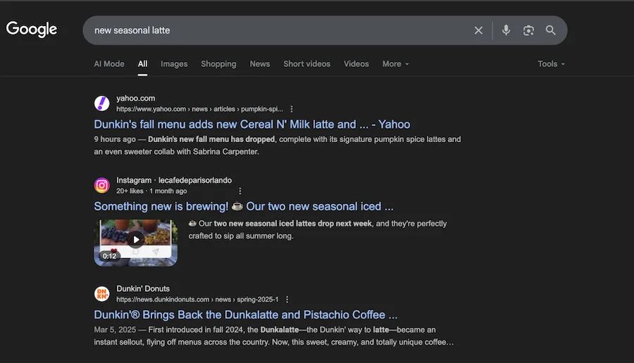 seasonal latte google search results