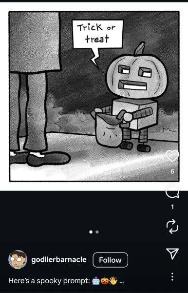 Halloween puns - Instagram post with a comic showing a robot trick or treating.