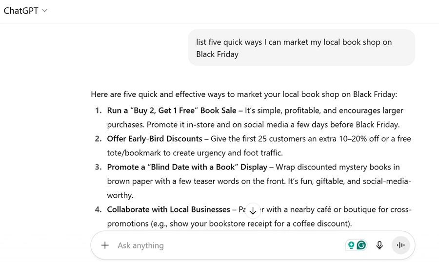 black friday marketing - example of using ai for black friday ideas