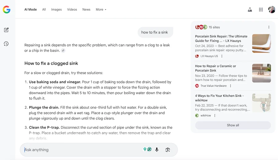 Exemplo do modo Ai do Google com consulta sobre como consertar a pia