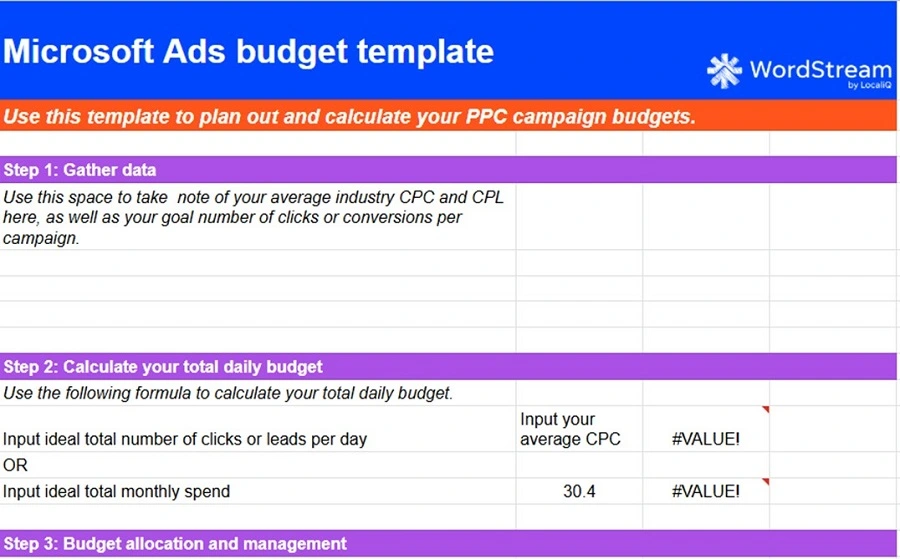 microsoft ads - budget template screenshot