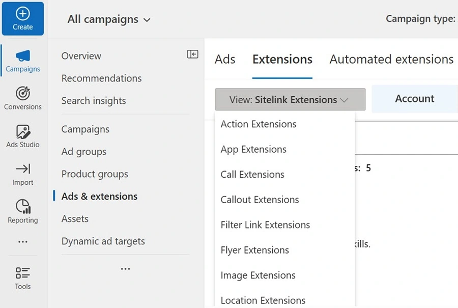 microsoft ads - extensions
