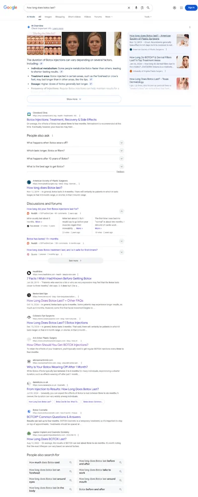 google serp for query about botox
