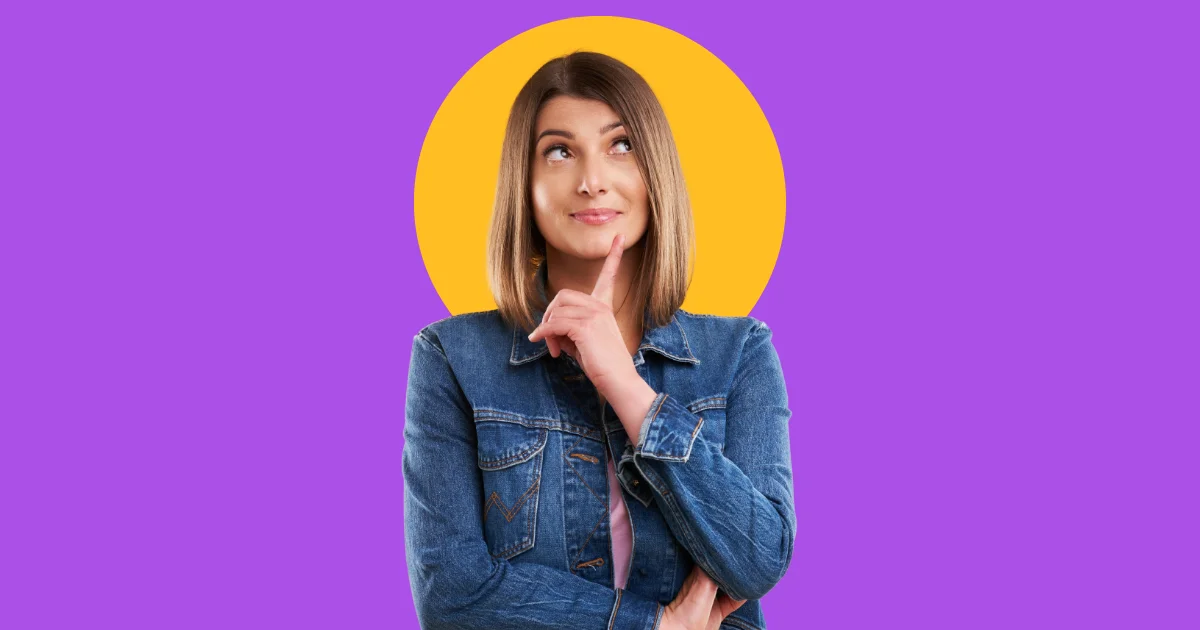 Woman thinking in yellow and purple background.