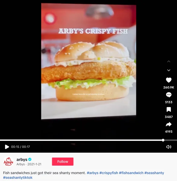 Trendjacking -Arby's video with hashtags.