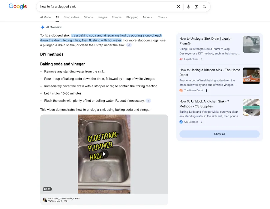 ai overviews video result example