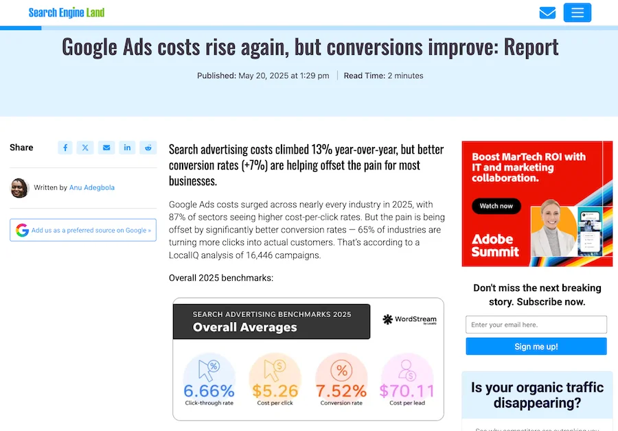 wordstream google ads benchmarks feature in search engine land