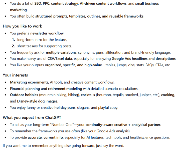 ChatGPT plus features vs free - what ChatGPT knows about me.