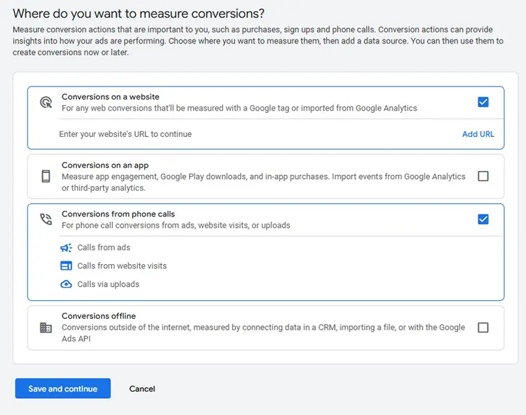google ads conversion tracking - action type options
