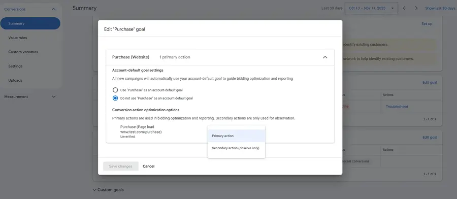 google ads conversion tracking - primary and secondary action settings