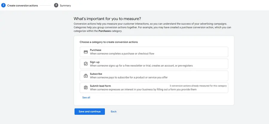google ads conversion tracking - category selection