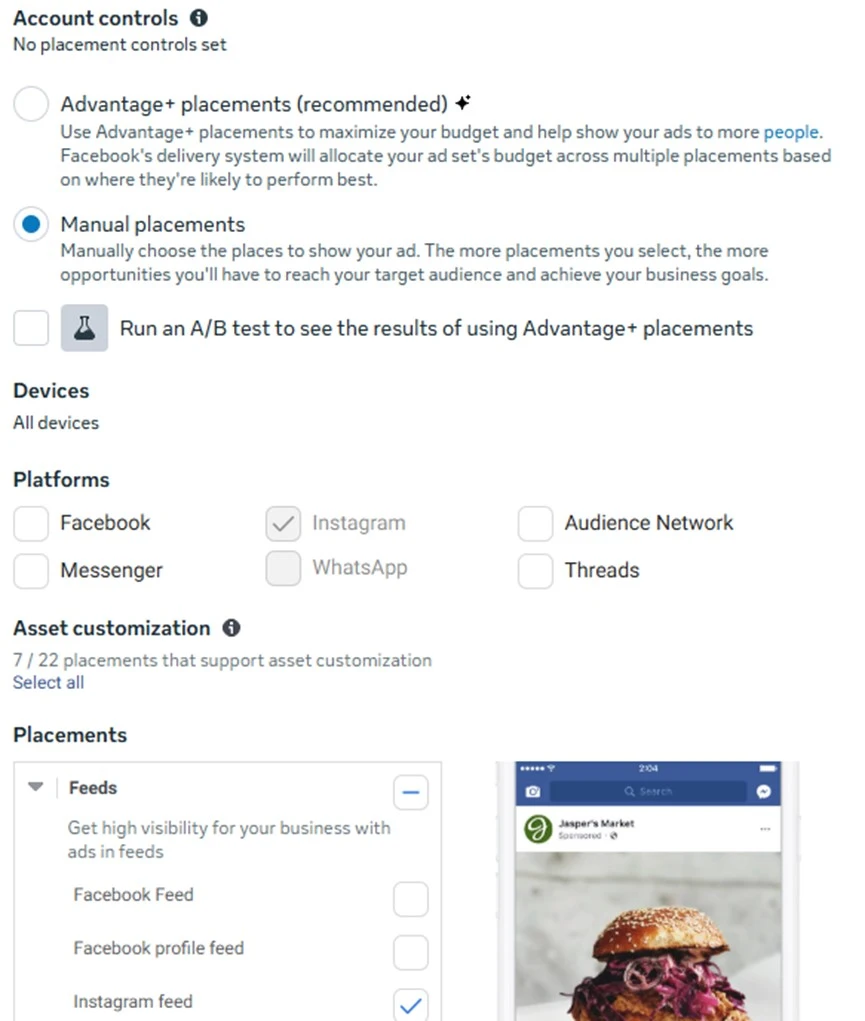 instagram ads - manual placements