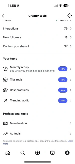 instagram ads - professional creator tools menu screenshot
