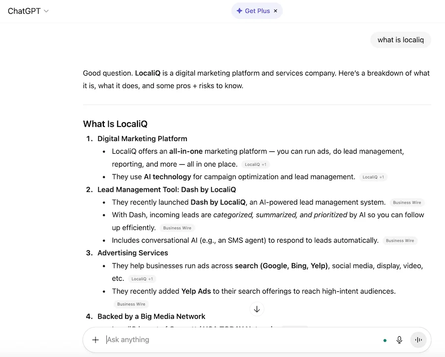 localiq brand search results on chatgpt