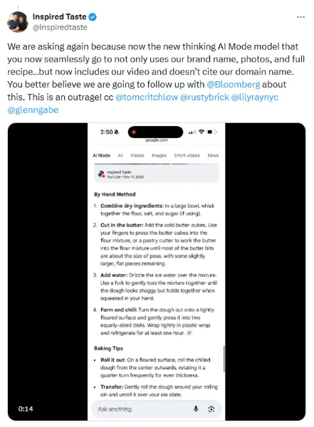 AI fails - Recipe blog Tweet.