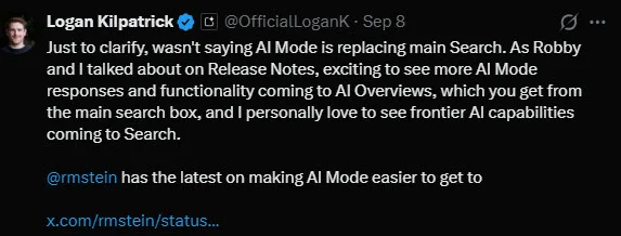 tweet from logan kilpatrick about ai mode and search