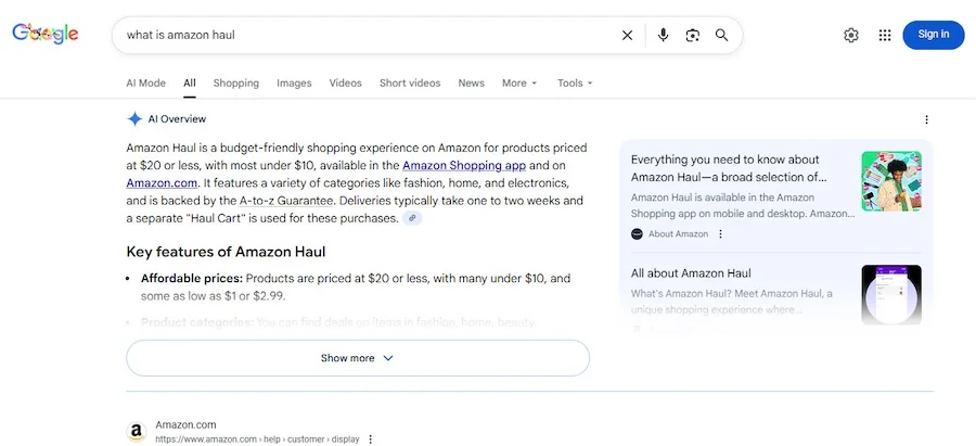 ai overview result for amazon haul query