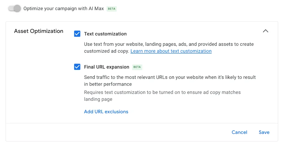 asset optimization option in ai max for search google ads