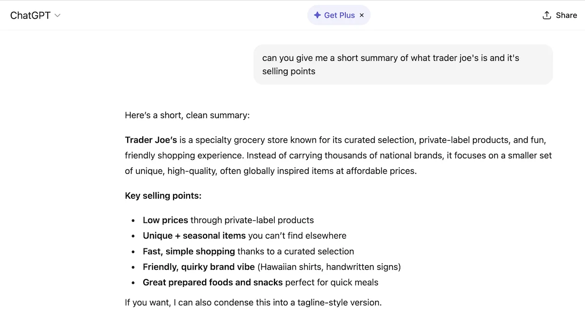 chatgpt search and results about trader joe's brand
