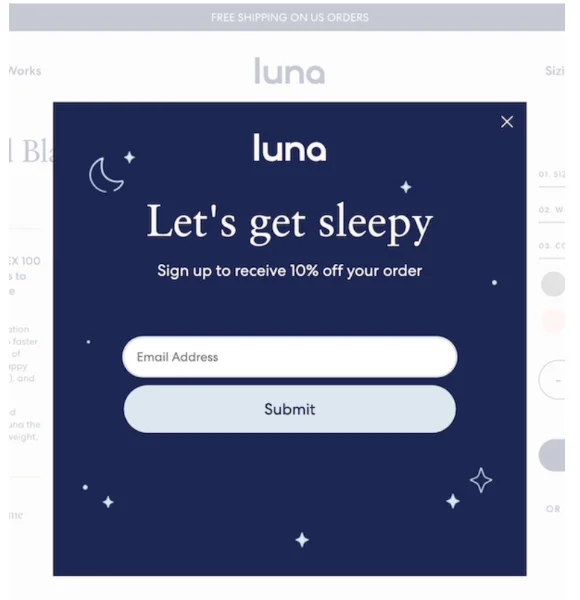 ecommerce marketing -popup on the Luna website.