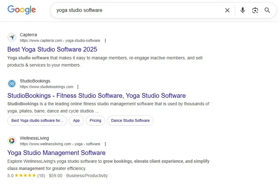 google organic results for yoga studio software search