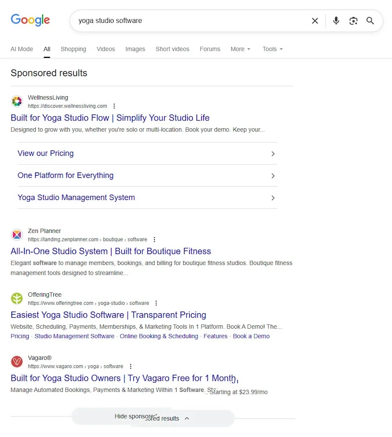 google sponsored results for yoga studio software search